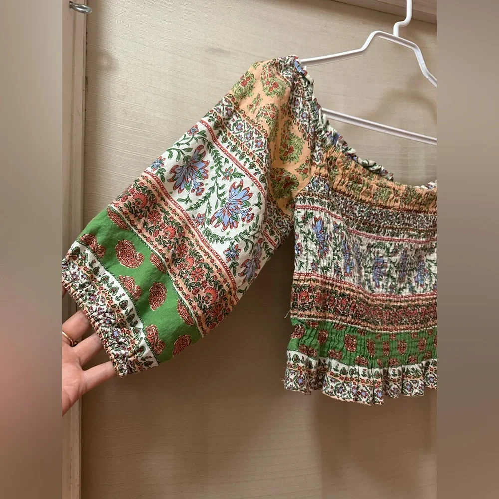 Zara Boho Smocked Floral Crop Top Peasant Blouse Puff Sleeve Size M - Picture 2 of 6